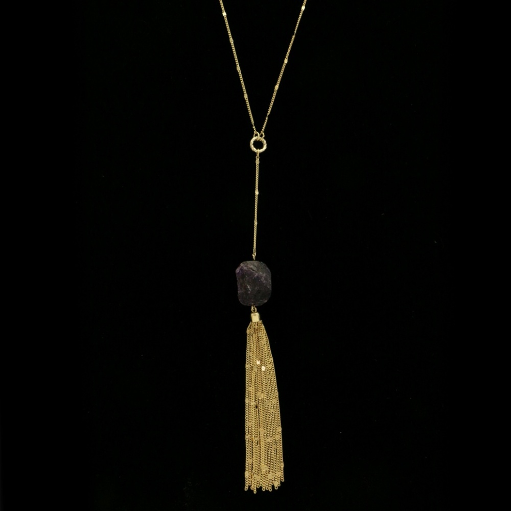 Semi-Precious Tassel Long-Necklace Gold/Purple NWT - Picture 4 of 4